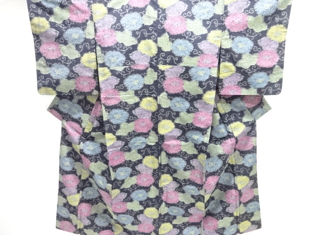 JAPANESE KIMONO / ANTIQUE KIMONO / SILK / TSUMUGI / WOVEN FLORAL ARABESQUE